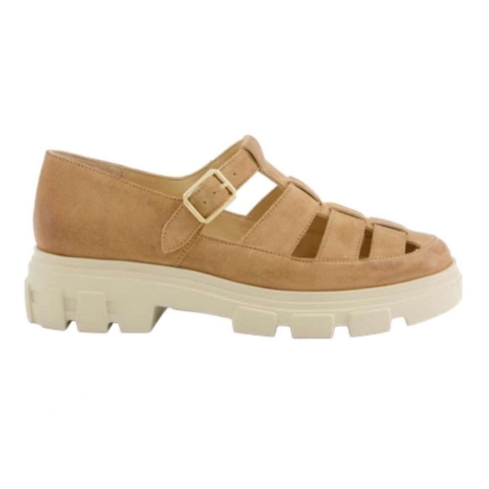 Tan suede leather loafer sandals. US sizes